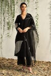Buy_Charkhee_Black Chanderi, Cotton Satin, Organza Cut Work, Leaf Pattern Kurta Pant Set _at_Aza_Fashions