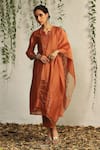 Buy_Charkhee_Orange Kurta And Dupatta Chanderi Embroidered Nakshi Notched Zari & Pant Set _at_Aza_Fashions