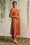 Shop_Charkhee_Orange Kurta And Dupatta Chanderi Embroidered Nakshi Notched Zari & Pant Set _Online_at_Aza_Fashions