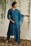 Buy_Charkhee_Blue Kurta And Dupatta Chanderi Embroidered Nakshi Notched Zari & Work Pant Set _at_Aza_Fashions