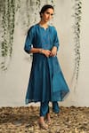 Shop_Charkhee_Blue Kurta And Dupatta Chanderi Embroidered Nakshi Notched Zari & Work Pant Set 