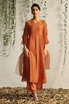 Charkhee_Orange Chanderi, Cotton Satin, Organza Embroidery Zari And Nakshi Kurta Pant Set _Online_at_Aza_Fashions