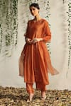 Shop_Charkhee_Orange Chanderi, Cotton Satin, Organza Embroidery Zari And Nakshi Kurta Pant Set 