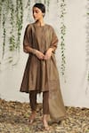 Charkhee_Brown Kurta And Dupatta Chanderi Embroidered Nakshi Scallop Pattern Pant Set _at_Aza_Fashions