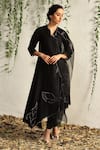 Buy_Charkhee_Black Chanderi, Cotton Satin, Organza Scallop And Leaf Pattern Kurta Pant Set _at_Aza_Fashions