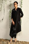 Charkhee_Black Chanderi, Cotton Satin, Organza Scallop And Leaf Pattern Kurta Pant Set _Online_at_Aza_Fashions