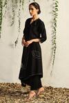 Shop_Charkhee_Black Chanderi, Cotton Satin, Organza Scallop And Leaf Pattern Kurta Pant Set _Online_at_Aza_Fashions
