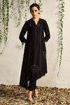 Charkhee_Black Chanderi, Cotton Satin, Organza Scallop And Leaf Pattern Kurta Pant Set _at_Aza_Fashions