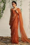 Buy_Charkhee_Orange Saree Organza Embroidered Nakshi V Neck Work With Chanderi Blouse _at_Aza_Fashions