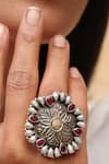 Buy_Noor_Silver Plated Pearls Handcrafted Oxidized Floral Ring _at_Aza_Fashions