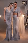 Manika Nanda_Silver German Satin Gigi Feather Embellished Cape Skirt Set  _Online_at_Aza_Fashions