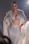 Shop_Manika Nanda_Silver German Satin Gigi Feather Embellished Cape Skirt Set  _Online_at_Aza_Fashions