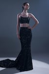 Manika Nanda_Black German Satin Embroidered Sequin Greta Crop Top Trail Skirt Set  _at_Aza_Fashions