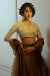 Buy_Ojasmé by Sanjana Thapa_Brown Lehenga Tissue Silk Embroidery Sequin V Neck Stripe Woven Set  _Online_at_Aza_Fashions