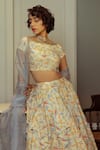 Ojasmé by Sanjana Thapa_Ivory Blouse And Lehenga Silk Chanderi Printed Bird Boat Neck Set  _Online_at_Aza_Fashions