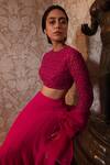 Shop_Ojasmé by Sanjana Thapa_Fuchsia Lehenga Georgette Embroidery Glass Bead Round Blouse Set  _at_Aza_Fashions