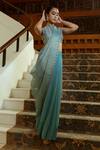 Shop_Ojasmé by Sanjana Thapa_Blue Saree Chiffon Embroidery Scallop Round Pre-draped With Blouse  _at_Aza_Fashions