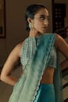 Ojasmé by Sanjana Thapa_Blue Saree Chiffon Embroidery Scallop Round Pre-draped With Blouse  _Online_at_Aza_Fashions