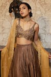 Ojasmé by Sanjana Thapa_Brown Blouse And Skirt Tissue Embroidery Floral Sweetheart Lehenga Set  _Online_at_Aza_Fashions