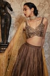 Buy_Ojasmé by Sanjana Thapa_Brown Blouse And Skirt Tissue Embroidery Floral Sweetheart Lehenga Set _Online_at_Aza_Fashions