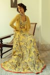 Shop_Ojasmé by Sanjana Thapa_Yellow Lehenga And Blouse Handloom Cottonjacket  Cotton Foliage Set _Online_at_Aza_Fashions