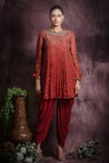 Buy_ABSTRACT BY MEGHA JAIN MADAAN_Red Silk Tissue Embroidery Sequin Embellished A-line Kurta And Dhoti Pant Set _at_Aza_Fashions