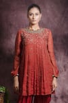 Buy_ABSTRACT BY MEGHA JAIN MADAAN_Red Silk Tissue Embroidery Sequin Embellished A-line Kurta And Dhoti Pant Set _Online_at_Aza_Fashions