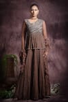 Buy_ABSTRACT BY MEGHA JAIN MADAAN_Brown Metallic Sequin Embellishments Gown With Dupatta _at_Aza_Fashions