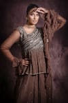 ABSTRACT BY MEGHA JAIN MADAAN_Brown Metallic Sequin Embellishments Gown With Dupatta _Online_at_Aza_Fashions