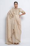 ABSTRACT BY MEGHA JAIN MADAAN_Off White Handloom Stripes And Blend With Zari Yoke Saree Gown For Women_at_Aza_Fashions