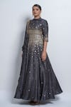 Abstract By Megha Jain Madaan_Gray Silk, Chiffon Sequins Collared Beaded Drape Anarkali Set _at_Aza_Fashions