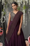 ABSTRACT BY MEGHA JAIN MADAAN_Wine Georgette Jacquard And Chiffon Embellished Antique Saree Drape Gown _Online_at_Aza_Fashions