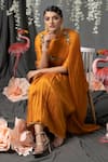 ABSTRACT BY MEGHA JAIN MADAAN_Yellow Raw Silk And Chiffon Embroidered Floral Draped Kurta & Pant Set _Online_at_Aza_Fashions