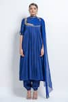 ABSTRACT BY MEGHA JAIN MADAAN_Blue Raw Silk And Chiffon Embroidered Floral Draped A-line Kurta & Pant Set _Online_at_Aza_Fashions