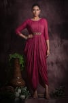 Buy_Abstract By Megha Jain Madaan_Pink Georgette, Jersey Embroidery Round Neck Floral Cowl Dress _at_Aza_Fashions