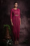 Shop_Abstract By Megha Jain Madaan_Pink Georgette, Jersey Embroidery Round Neck Floral Cowl Dress _at_Aza_Fashions