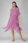 Buy_Devyani Mehrotra_Purple Chanderi Embroidered Thread V Neck Starry Rose Gathered Kaftan_at_Aza_Fashions