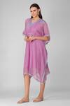 Devyani Mehrotra_Purple Chanderi Embroidered Thread V Neck Starry Rose Gathered Kaftan_Online_at_Aza_Fashions