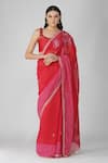 Buy_Devyani Mehrotra_Red Chanderi Embroidery Thread Leaf Neck Starry Rose Saree With Blouse_at_Aza_Fashions