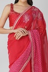 Buy_Devyani Mehrotra_Red Chanderi Embroidery Thread Leaf Neck Starry Rose Saree With Blouse_Online_at_Aza_Fashions