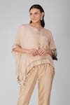 Devyani Mehrotra_Beige Chiffon And Chanderi Embroidered Starry Rose Asymmetric Cape And Pant Set_Online_at_Aza_Fashions