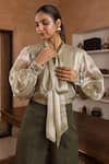 Buy B'Infinite Green Crepe Embroidery High Neck Moss Cuff Embellished Shirt And Trouser Set Buy_B'Infinite_Green Crepe Embroidery High Neck Moss Cuff Embellished Shirt And Trouser Set