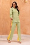 B'Infinite_Green Soft Linen Color Blocked Collared Neck Butterfly Shirt And Trouser Set _Online_at_Aza_Fashions