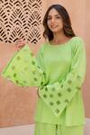 B'Infinite_Green Cotton Placement Embellished Sequins Round Neck Flower Top With Trouser _at_Aza_Fashions