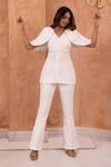 B'Infinite_White Embroidery V Neck Top With Trouser_Online_at_Aza_Fashions