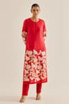 Shyam Narayan Prasad_Red Silk Chanderi Embroidered Floral Applique Work Round Kurta Set  _Online_at_Aza_Fashions