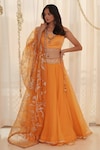 Buy_Kyra by Bhavna_Yellow Organza Hand Embroidered Gota Motifs Neck Blouse Lehenga Set _at_Aza_Fashions