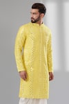 Kasbah_Yellow Silk, Cotton Mirrors, Embroidery Diamond Pattern Work Kurta_Online_at_Aza_Fashions