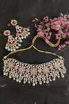 Shop_Riana Jewellery_Gold Plated Pearls, Glitter, Stones Floral Carved Choker Jewellery Set _at_Aza_Fashions