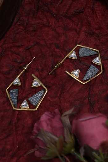 Shop_Ishhaara_Gold Plated Pearls, Stones Hexagon Embellished Hoop Earrings _at_Aza_Fashions